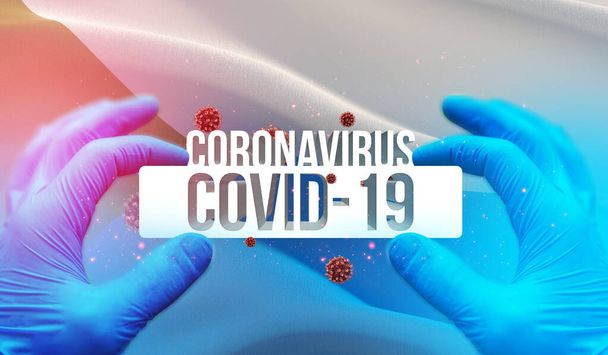 Coronavirusziekte COVID-19 infectie in de Russische regio, vlaggenbeelden concept - Vlag van Khabarovsk Krai. Coronavirus in Rusland concept 3D illustratie. - Foto, afbeelding