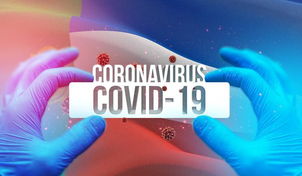 Coronavirus COVID-19 infectie in de Russische regio, vlaggenbeelden concept - Vlag van Khakassië. Coronavirus in Rusland concept 3D illustratie. - Foto, afbeelding