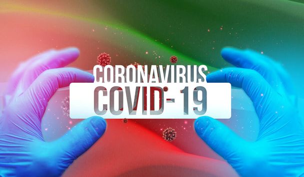 ロシア地域でのコロナウイルス病COVID-19感染,旗画像の概念 – タタールスタンの旗.ロシアの概念3Dイラストのコロナウイルス. - 写真・画像