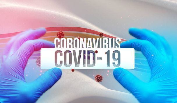 Coronavirus hastalığı COVID-19, Rus bölgesinde enfeksiyon, bayrak imgeleri konsepti - Yahudi Özerk Oblastı bayrağı. Rusya 'da Coronavirus kavramı 3 boyutlu illüstrasyon. - Fotoğraf, Görsel