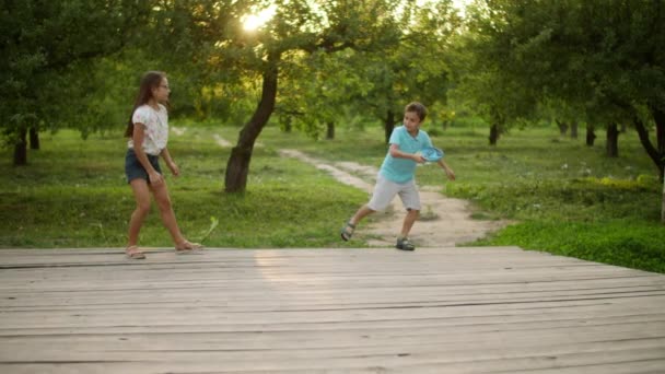 Kaksi veljeä ja siskoa kävelee puistossa. Lapset leikkivät frisbeellä ulkona - Materiaali, video