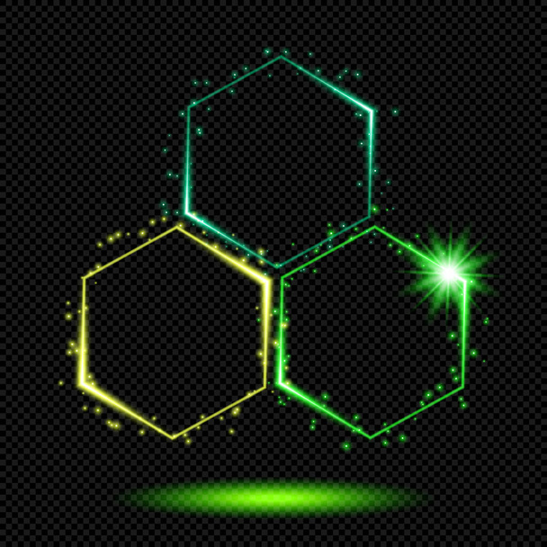 Zelené zářící voštinové kruhové logo s jiskry na průhledném pozadí - Vektorové zářící neonové šestiúhelníkové buněčné struktury - Vektor, obrázek