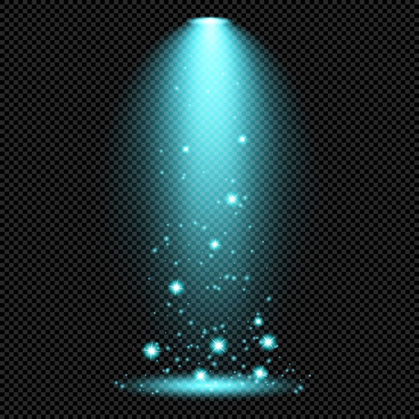 Cyan Lamp Shine Strahlen mit Funkeln auf transparentem Hintergrund - Vector Radiant Spotlight Rays - Vektor, Bild