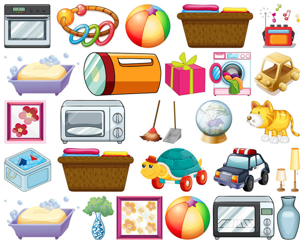 Большой набор предметов домашнего обихода и множество игрушек на белом фоне
 - Вектор,изображение