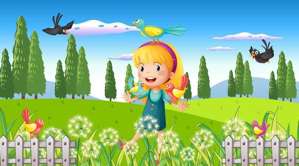 Φύση φόντο σκηνή με το κορίτσι και τα πουλιά στην απεικόνιση κήπο - Διάνυσμα, εικόνα