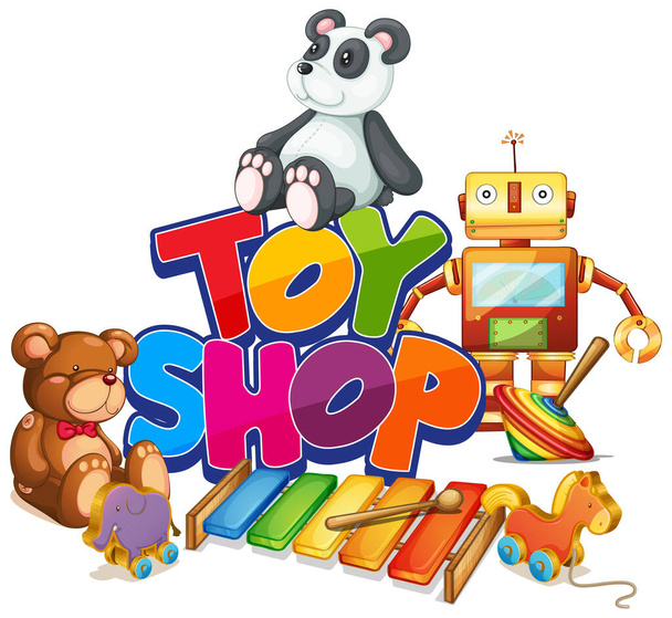 Design de fonte para loja de brinquedos de palavra com muitos brinquedos na ilustração de fundo
 - Vetor, Imagem