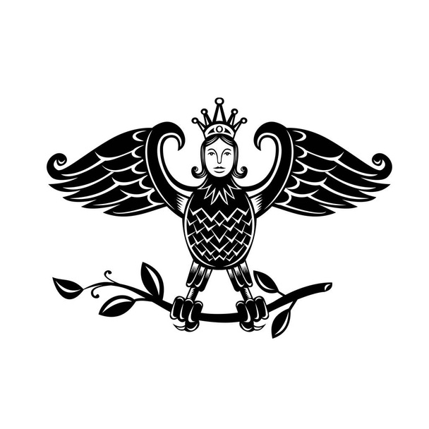 Ретро-стиль иллюстрации гарпии, получеловека и полуптицы олицетворение штормовых ветров изображается как птица с головой девы, окунь на ветку на изолированном фоне в черно-белом
. - Вектор,изображение