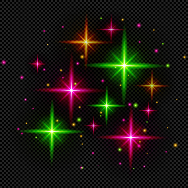 Różowe i zielone błyszczące gwiazdy na przejrzystym tle - Wektorowe rozbłyski promieniste - Wektor, obraz