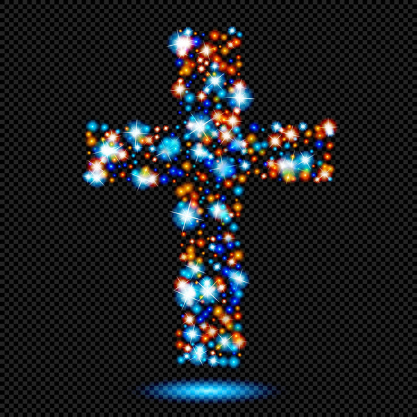 Blaues und orangefarbenes Leuchten Symbol des christlichen Kreuzes mit Funken auf transparentem Hintergrund - Vector Radiant Cross - Vektor, Bild