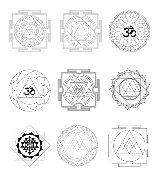 Posvátná indická geometrie Mystická meditativní diagram symbol - Nastavit vektorové Yantras - Vektor, obrázek