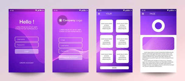 Design of mobile app, UI, UX, GUI. Set of user registration screens with login and password input, account sign in, sign up, home page. Modern Style. Minimal Application. UI Design Template. Interface. - Vector, Image