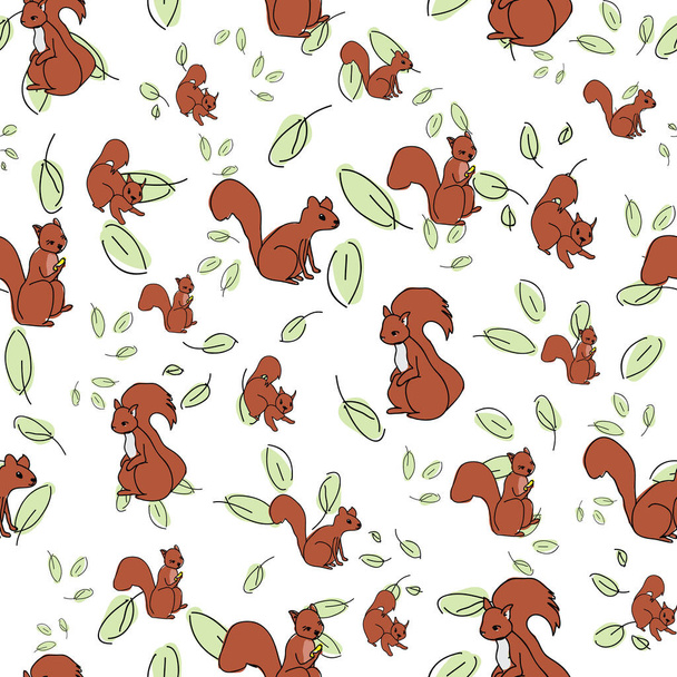 Eekhoorns in bladeren op witte achtergrond, naadloze vector herhalen patroon - Vector, afbeelding