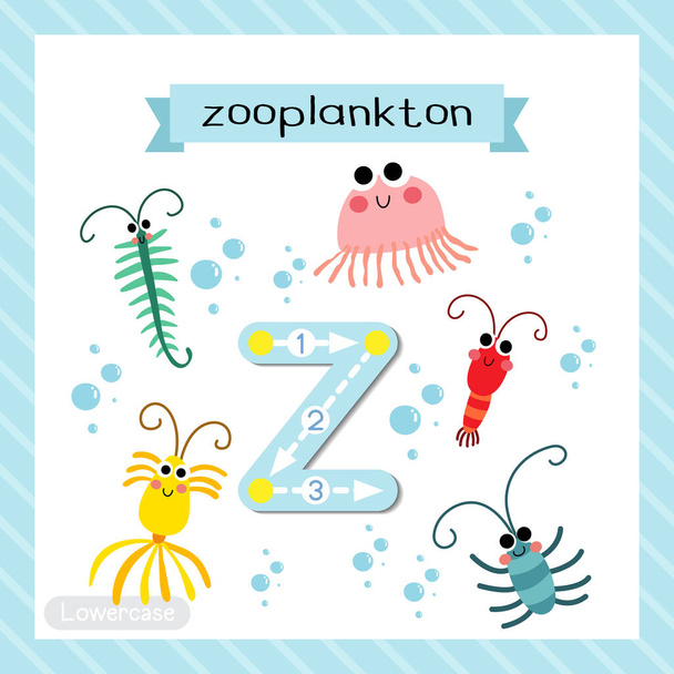 Letter Z lowercase cute children colorful zoo and animals ABC alphabet tracing flashcard of Zooplankton for kids learning English vocabulary and handwriting vector illustration. - Vector, afbeelding