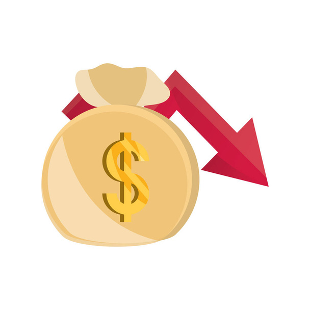 money bag and downturn arrow stock market crash isolated icon - Vector, Image