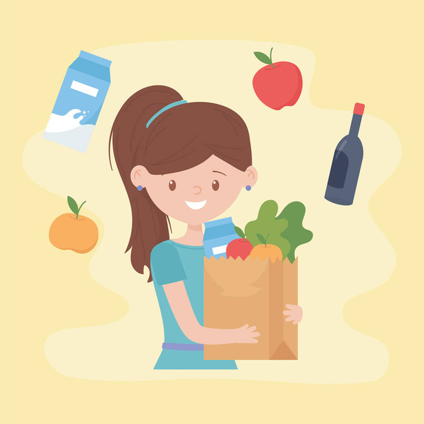mujer con bolsa de papel supermercado comida exceso compra exceso compra
 - Vector, Imagen