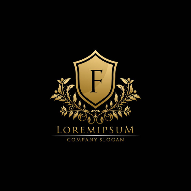 Χρυσή Ασπίδα F Floral Logo Σχεδιασμός εικονιδίων. - Διάνυσμα, εικόνα