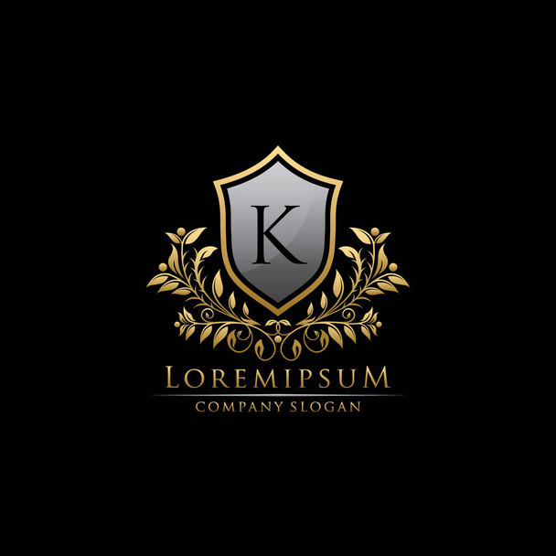 Golden Shield K Floral Logo Icon Design. - Vector, Image