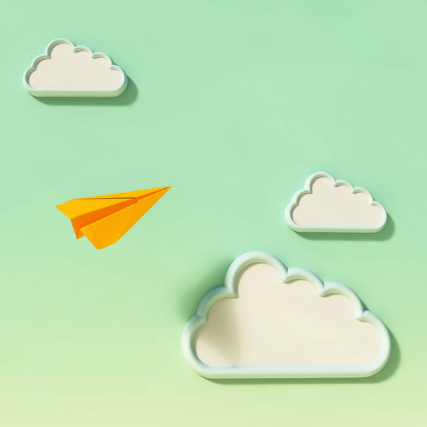 Бумажный самолет пролетает над облаками. Концептуальный фон с облаками. This is a 3D render illustration
 .  - Фото, изображение