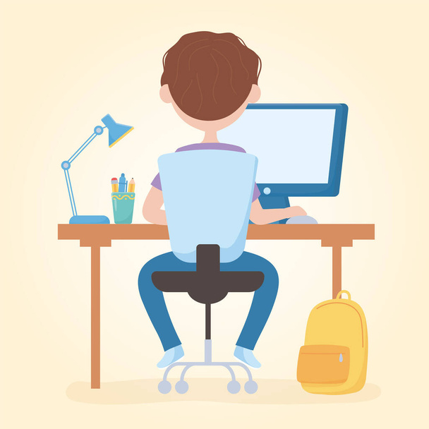 education online student boy sitting studying in laptop with backpack - Vector, Image