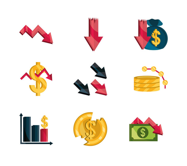фінансова криза бізнесу економіка грошові значки фондового ринку аварійний набір ізольованих значків
 - Вектор, зображення