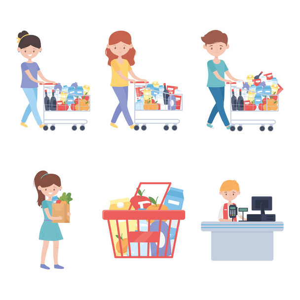 prodejce pokladní a zákazníci s vozíky a potravin, které přebytečný nákup - Vektor, obrázek