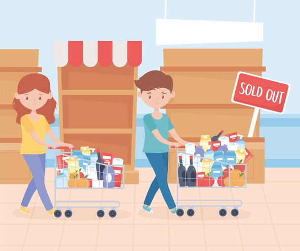 couple with cart full food products sold out shelves excess purchase - Vector, Image