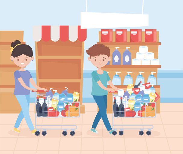 couple with market carts shelves and cleaning products excess purchase - Vector, Image