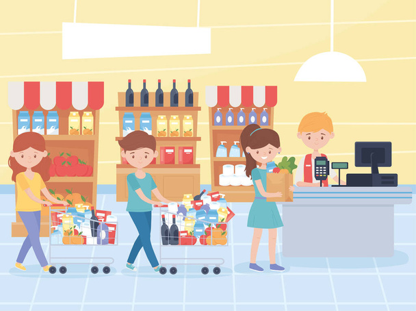 customers waiting to pay for their groceries at the cashier food excess purchase - Vector, Image