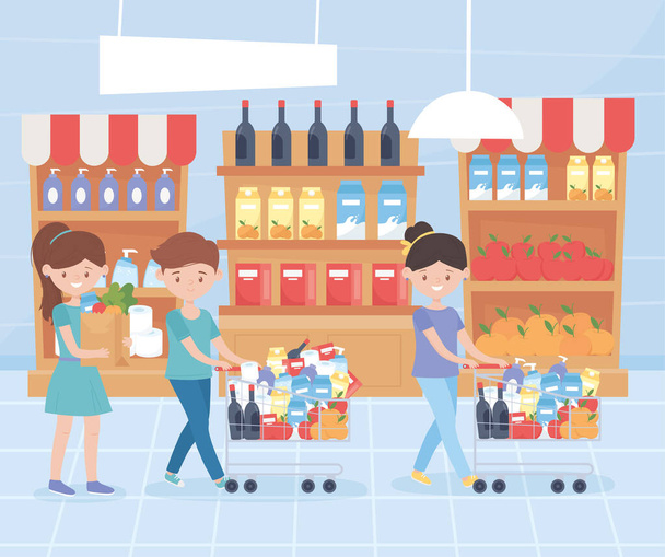people in market with filled carts and bag food excess purchase - Vector, Image