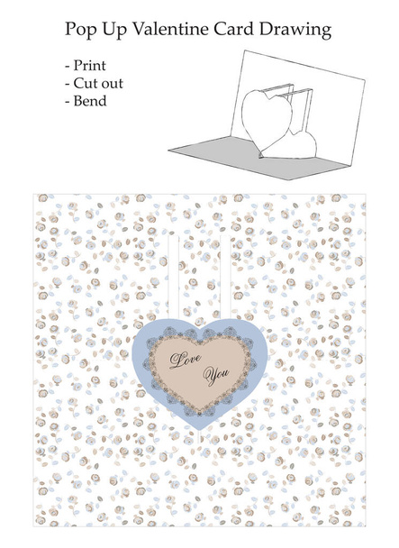 Делікатна любов Дизайн - Vector Pop Up Valentine Card Pattern - Print, Cut and Bend - Вектор, зображення