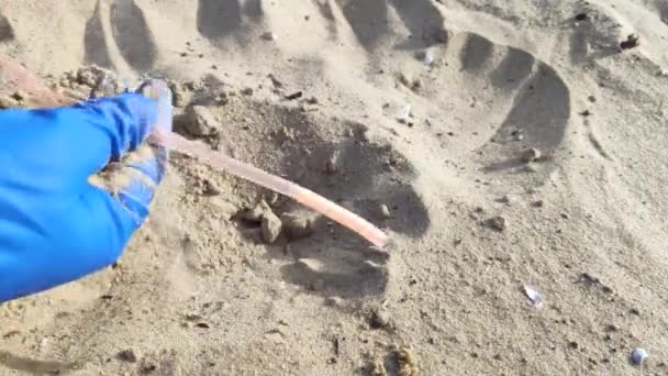 Handen in blauwe handschoenen verwijderen plastic puin uit het zand. Het begrip afvalbeheer en milieubescherming. - Video
