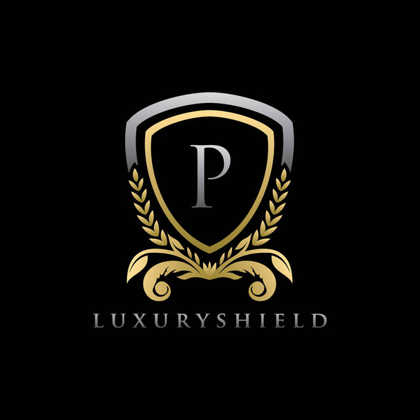 Luxus P levél Golden Shield logó ikon - Vektor, kép