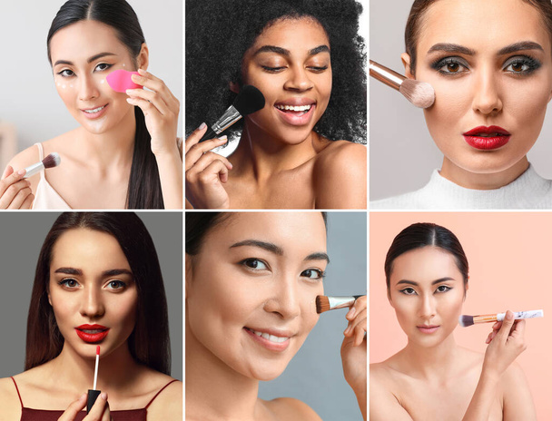 Collage of photos with beautiful young women applying makeup - Photo, Image