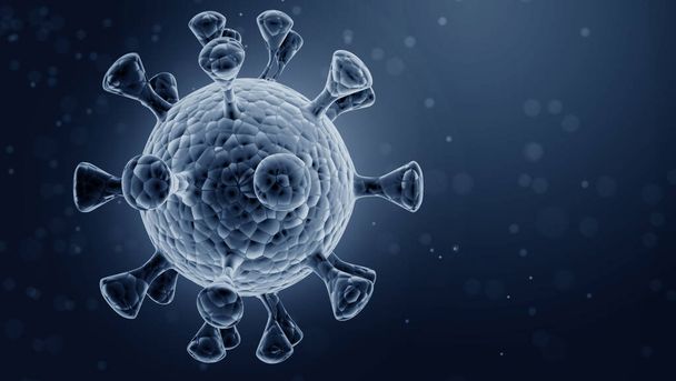 Микроскопический вид коронавируса ковид-19. Опасность коронавируса, риск заболевания и вспышки гриппа. 3d медицинская иллюстрация. 3d-рендеринг
. - Фото, изображение