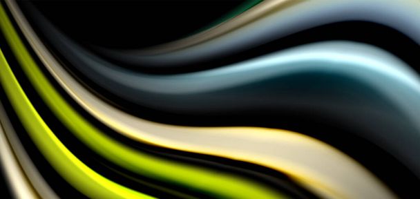 Абстрактные шелковые гладкие линии на черной, разноцветной жидкой жидкости радуги стиле волны на черном
 - Вектор,изображение