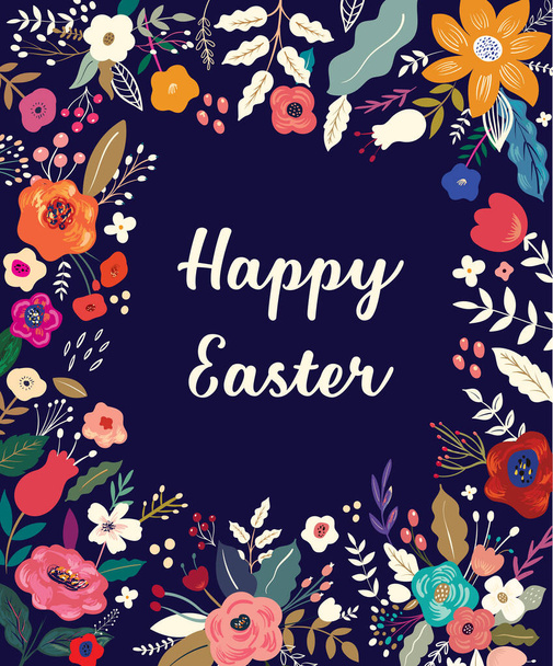 Húsvéti üdvözlő illusztráció színes tavaszi virágokkal. Boldog Húsvéti sablont, meghívót - Vektor, kép