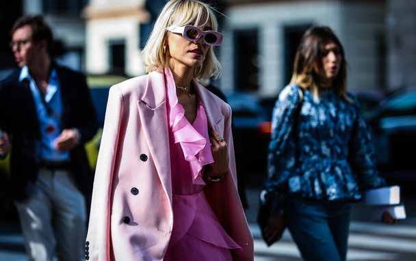 MILAN, Italy- September 20 2019: Viktoria Rader on the street during the Milan Fashion Week. - Фото, изображение