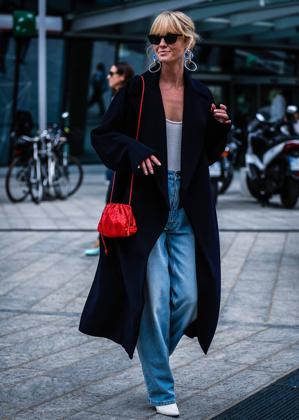 MILAN, Italy- September 20 2019: Jeanette Madsen on the street during the Milan Fashion Week. - Photo, Image