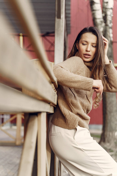 Elegant woman in a brown sweater in a spring city - Фото, изображение