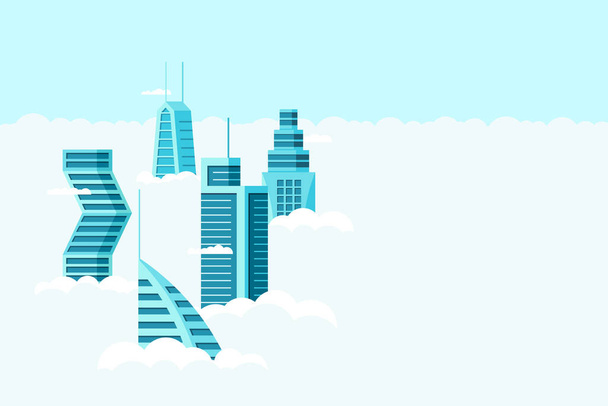 Gedetailleerde toekomstige stad met verschillende architectuur hoge gebouwen wolkenkrabbers appartementen boven wolken. Een futuristische stad. Vector vastgoed bouw boven lucht illustratie - Vector, afbeelding