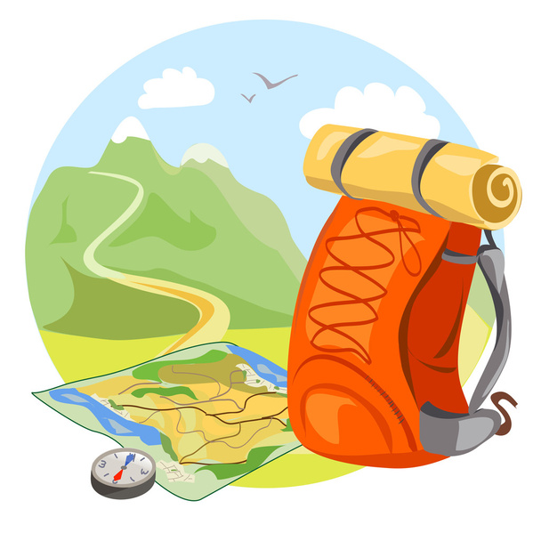 backpack, map, compass on mountain landscape - Vector, imagen
