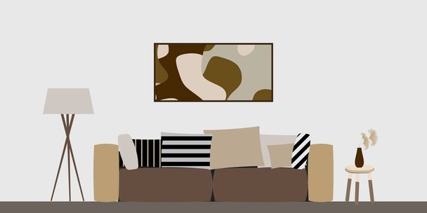 Sala de estar Interior em estilo escandinavo - Atmosfera acolhedora para descanso e relaxamento - Ilustração vetorial em tons naturais
 - Vetor, Imagem