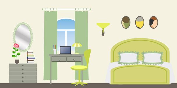 Intérieur du salon pour fille - Ambiance confortable pour le repos et l'apprentissage - Illustration vectorielle dans les tons verts
 - Vecteur, image