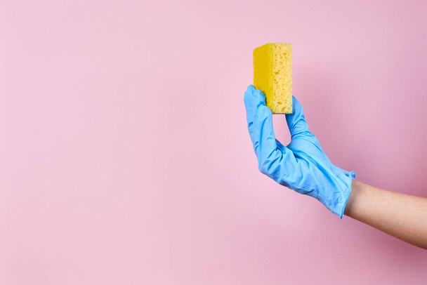 Hand in blue rubber protective glove holding yellow sponge on pink background - Photo, image