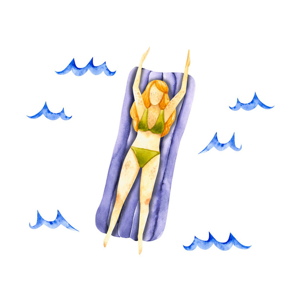 Akvarell nyári lány felfújható úszómatraccal. A kézzel rajzolt illusztráció fehér alapon elszigetelt. Festett cserzett nő tökéletes utazási design, lányok power plakát, test pozitív kártya - Fotó, kép
