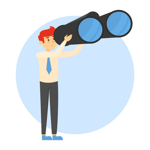 Young businessman in the suit looking through the binocular vector isolated. Professional manager planning strategy and moving towards success - Vector, Image