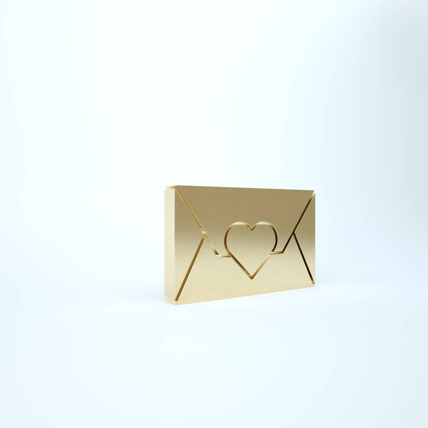 Goldener Umschlag mit Valentinsherz-Symbol isoliert auf weißem Hintergrund. Botschaft Liebe. Briefliebe und Romantik. 3D Illustration 3D Renderer - Foto, Bild