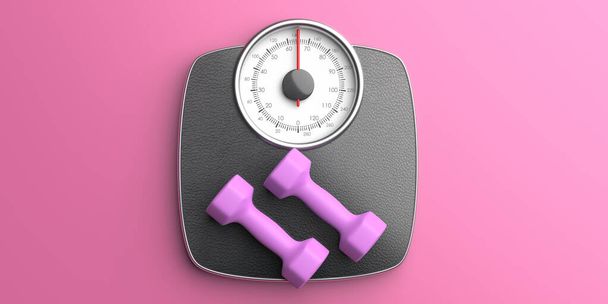 Weight loss, fitness concept. Bathroom scale and pair of dumbbells against pink color background, top view. Weight control, healthy lifestyle equipment, 3d illustration - Photo, Image