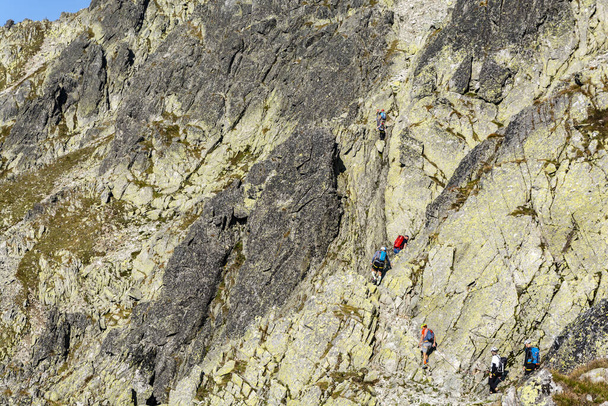 Tatranska Polianka, Slovakya - 01 Eylül 2019: Kayalık bölgeye önderlik eden dağ rehberleri ve zirveye giden dağlarda müşterilerinin (turistlerin) iplerini bağlamak. Tatras. - Fotoğraf, Görsel