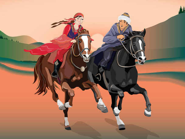 Roztomilé děvče a mladý muž cválá na koni v krásné horské krajině na jaře při západu slunce. Vektorová ilustrace. - Vektor, obrázek